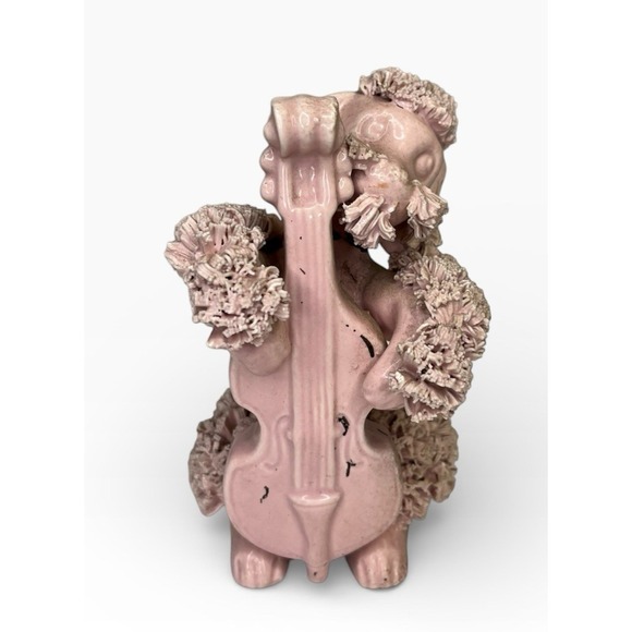 Other - Vintage Pink Spaghetti Poodle Figurine Playing Cello Instrument Dog Puppy Rare
